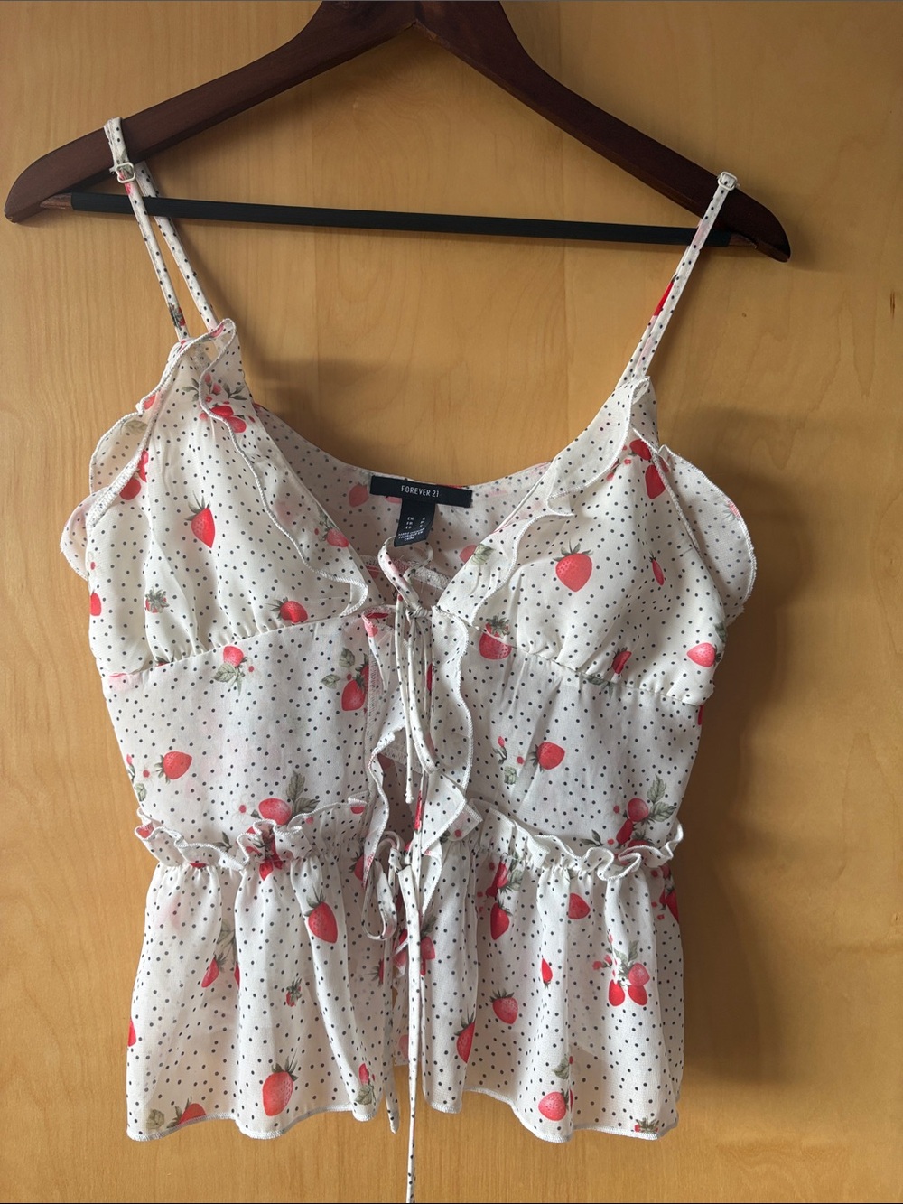 Forever 21 Cream Strawberry Print Tie-Front Ruffle Cami